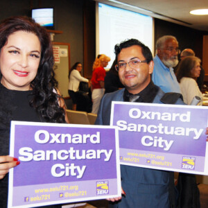 SEIU 721 members Rosa Valladares and Roberto Camacho after the Council votes to make Oxnard a Sanctuary City.