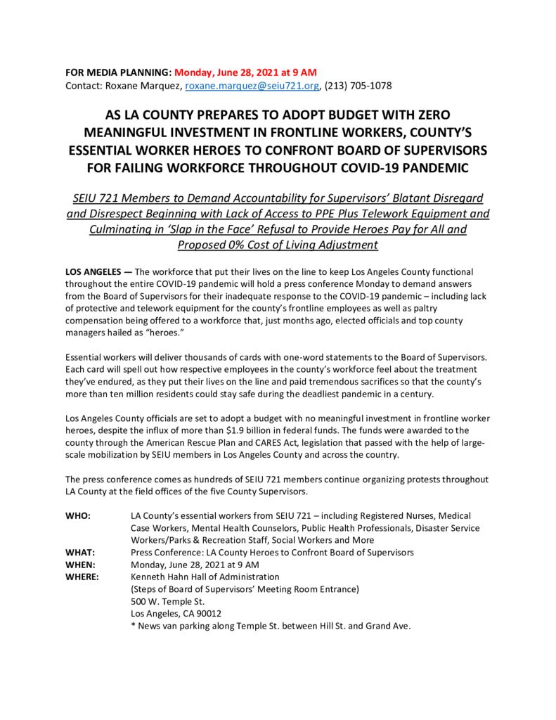 Media Advisory For Mon., June 28, 2021 - LA County’s Essential Worker ...