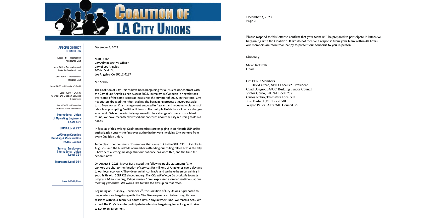 洛杉矶市的密集谈判：来自SEIU Local 721主席David Green的最新消息
