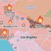 Map with LA County boundaries and locations of January 2025 fires.